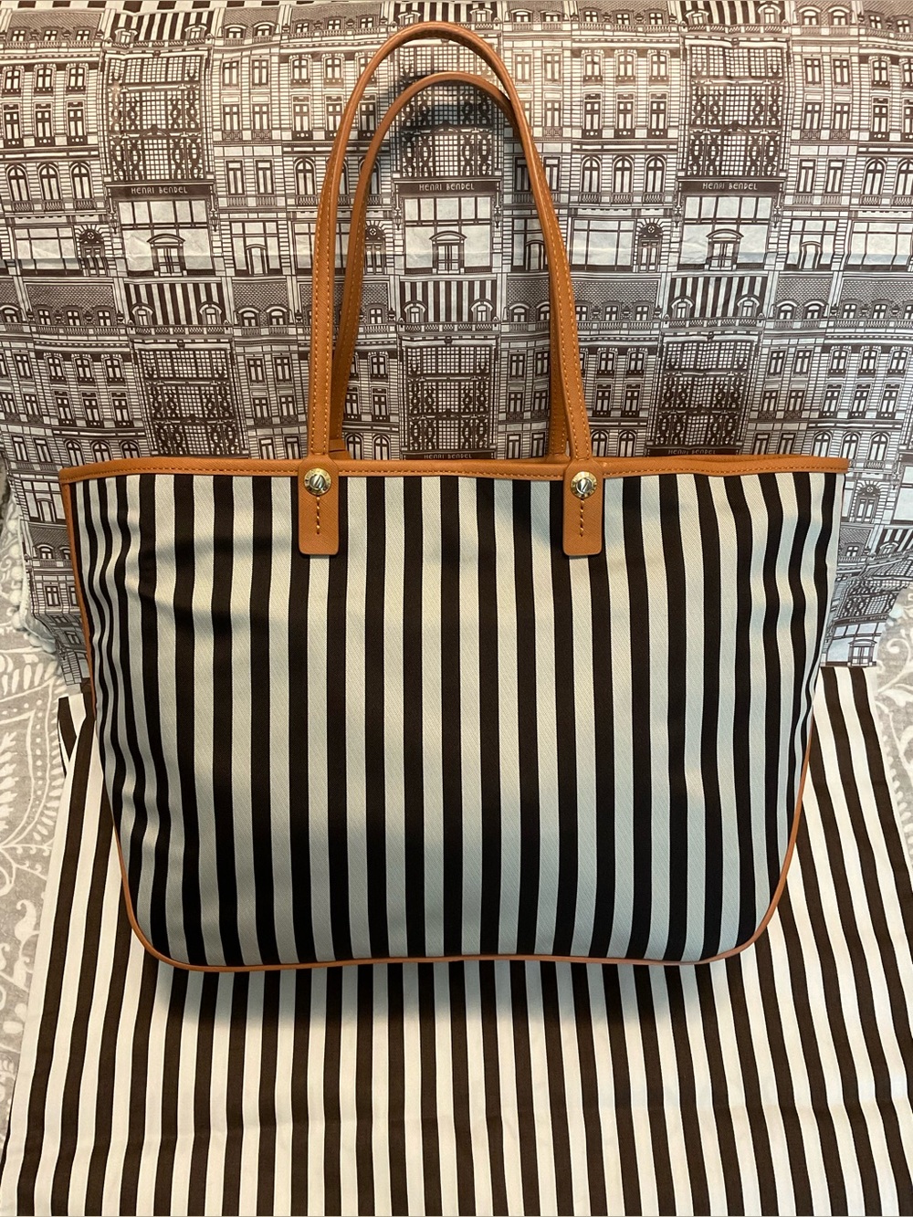 Henri Bendel Mink and Silver Premium Stripe Tote with  Chestnut Saffiano Trim - Picture 2 of 16